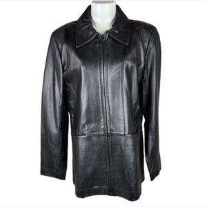 Vintage Leather Jacket Hip Length Double Zip Front Black Size Large